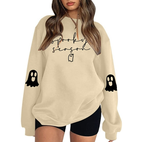 XIAONU Womens Sweatshirts Cute Ghost Print Trendy Hoodless Tops Peasure Long Sleeve Baggy Pullover Hoodless Sweatshirt