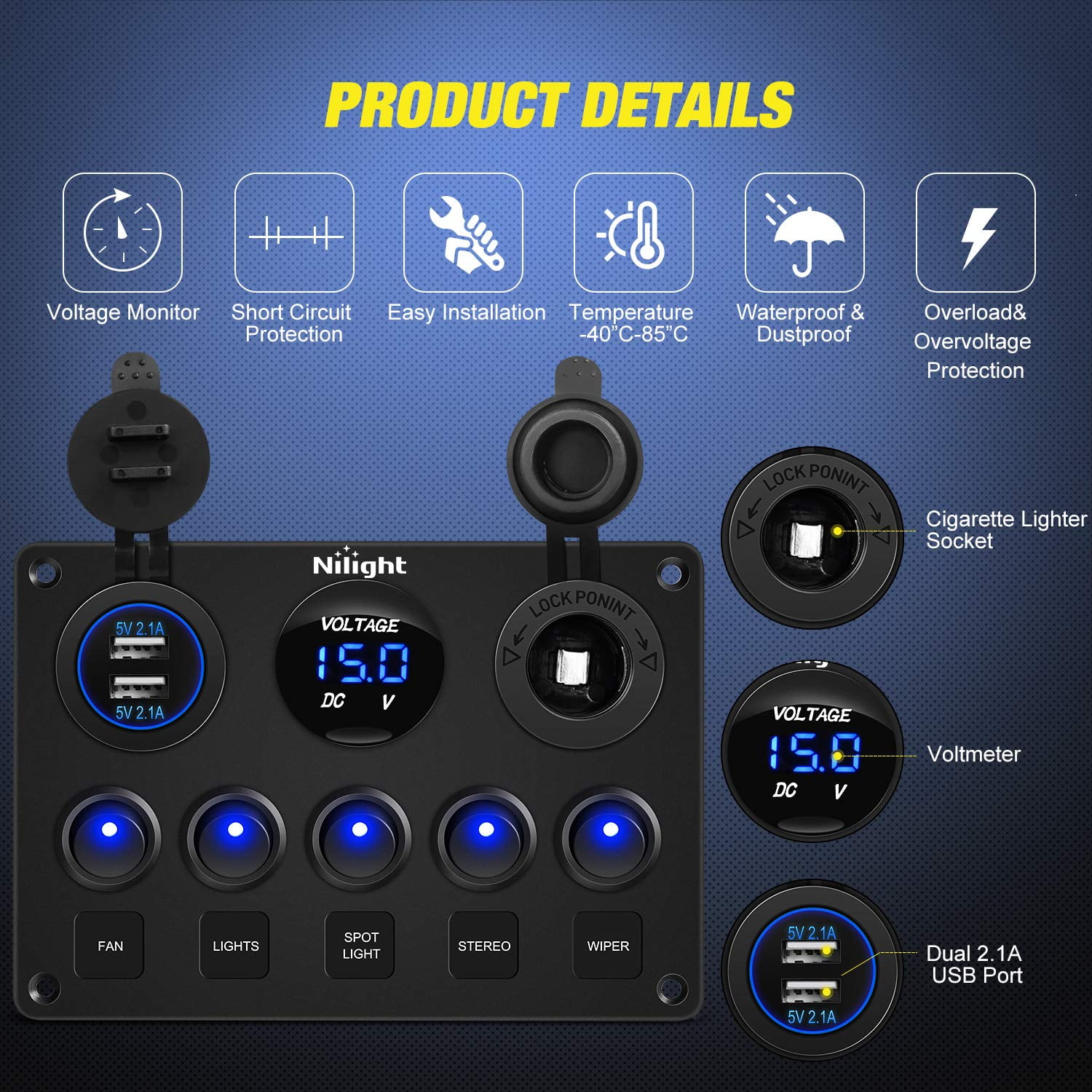 Nilight 5 Gang Multi-Function 5 Gang Rocker Dual USB Charger + Digital Volmeter +12V Outlet Pre-Wired Switch Panel with Circuit Breakers for RV Car Boat Truck Trailer,2 Years Warranty,Blue