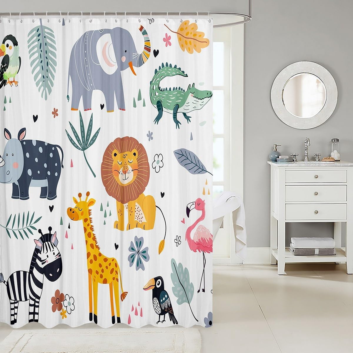 Kids Zoo Animal Bath Curtain Cute Wild Animals Shower Curtain Cartoon Safari Wild Bathroom Shower Curtain Set Boys Girls Bedroom Decor Exotic Natural Waterproof Shower Curtain with Hooks 72x84 Inch
