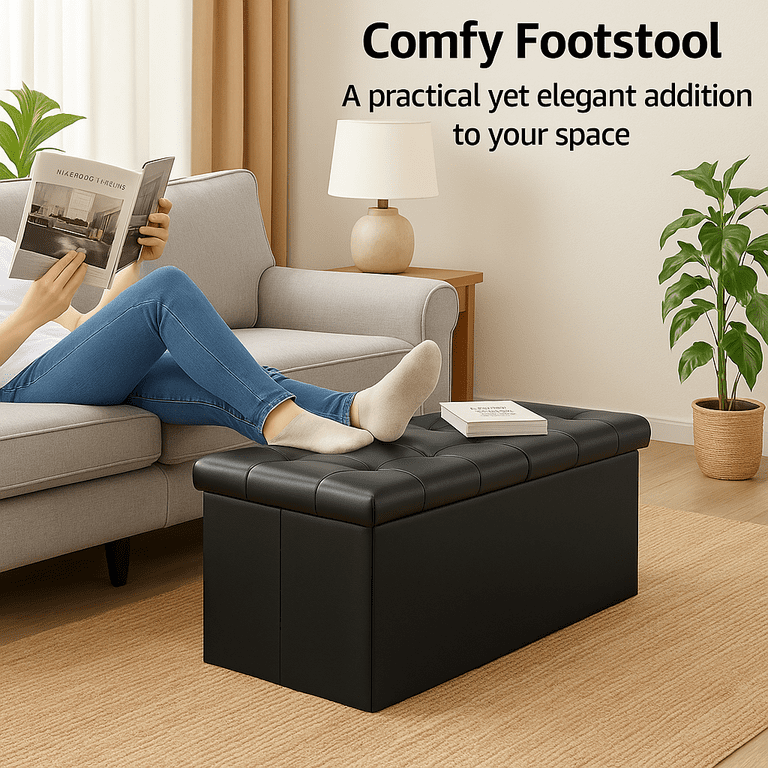 Concetta 30-Inch Storage Ottoman, Faux Leather, Black photo 6