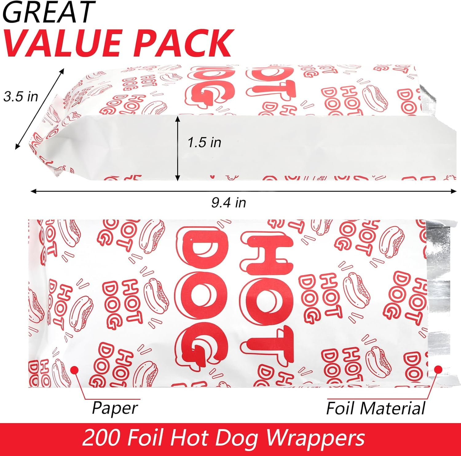 200 Pcs Hot Dog Wrappers, Foil Hot Dog Sleeves, Grease Proof Hotdog Bag, Food Wrapper Disposable for Fast Foods, Food Trucks, Snack Bars, Carnival, 9.4x3.5x1.5 Inches