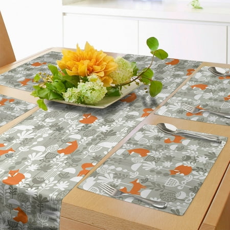 

Fox Table Runner & Placemats Small Animals of the European Forests Doodle Style Floral Arrangement Set for Dining Table Decor Placemat 4 pcs + Runner 14 x72 Orange White by Ambesonne