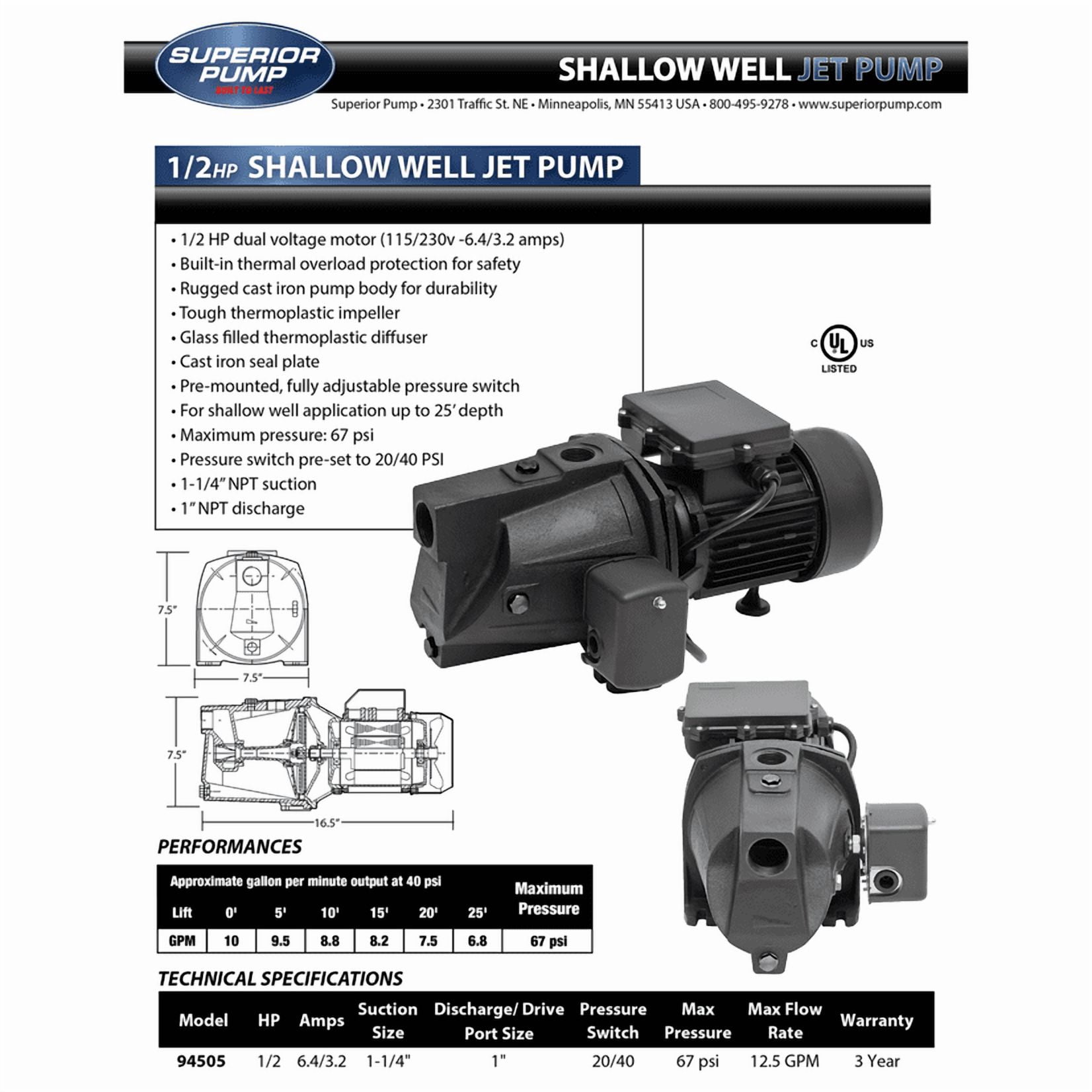 Superior Pump 1/2 HP Cast Iron Shallow Well Jet Water Pump