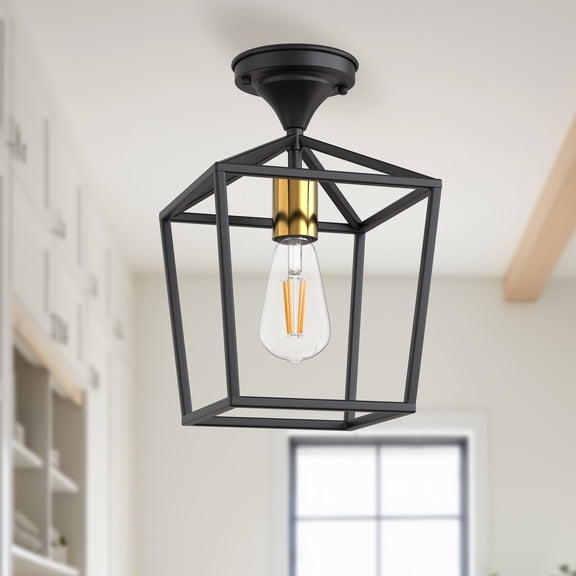 YANSUN  7 in 1-Light Black and Gold Farmhouse Semi Flush Mount Ceiling Light-Retro Cage Fixture with Glass Shade, Drum Kitchen Lighting