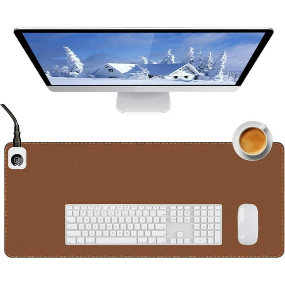 Heated Desk Pad Mouse Pad - Heated Desk Mat - Warm Desk Pad - 3 Levels Heating & 4 Hours Auto Shut-Off, PU Leather Mouse Pad - 31.5 x 13 inch (Brown)
