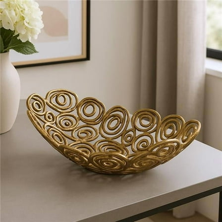 HomeRoots 628128 20 in. Gold Aluminum Abstract Circles Oval Decorative Bowl