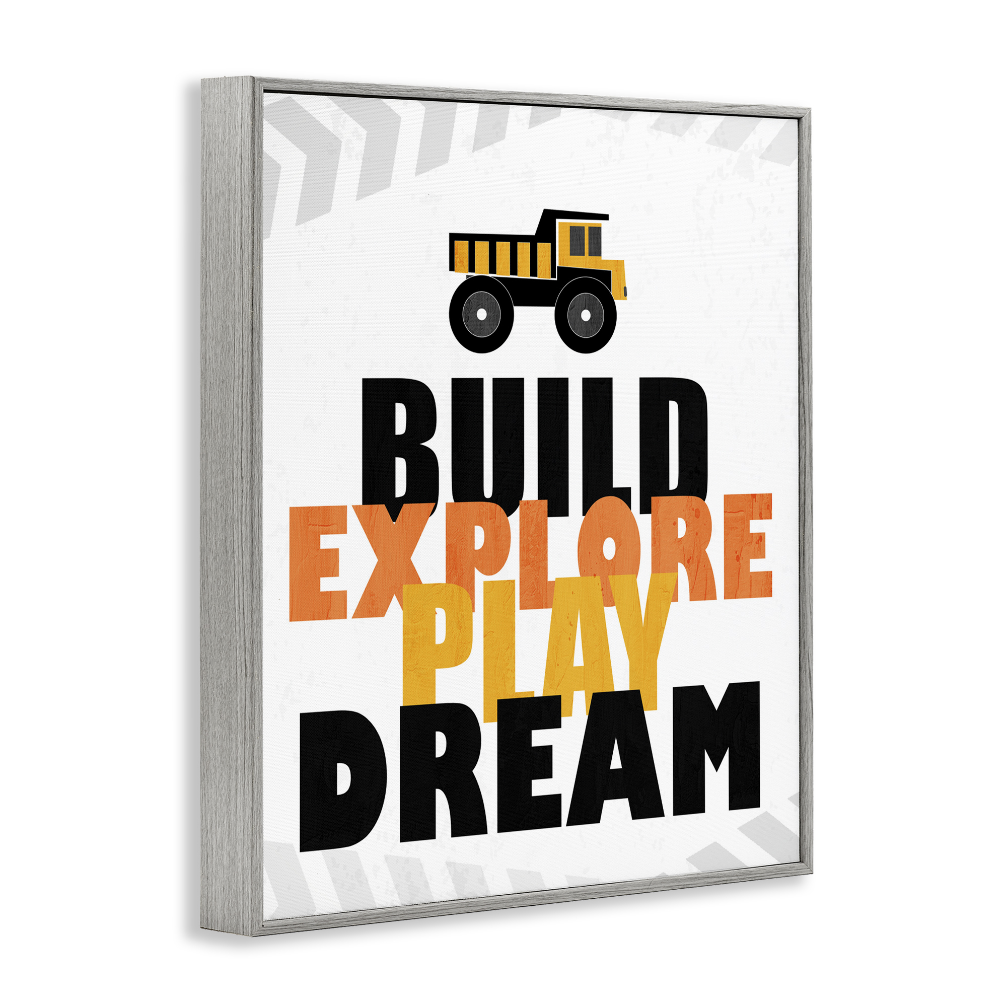 Build Explore Play Dream Gray Framed Giclee Art, design by Kim Allen
