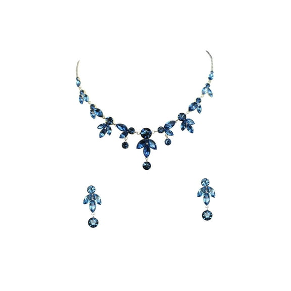 Faship Gorgeous Navy Blue Rhinestone Crystal Floral Necklace Earrings Set