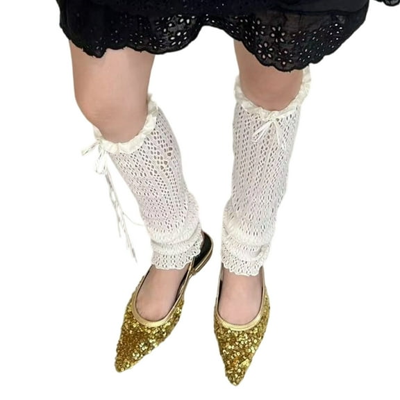Sheer Lace Arm Warmers Leg Covers Double Purpose Nylon Fishnets Leg Sleeves with Ruffle Trim and Ribbon Bows for Women