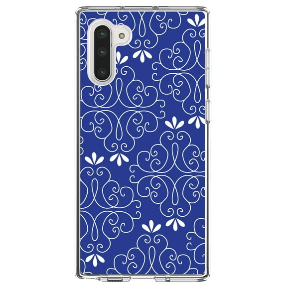 DistinctInk Clear Shockproof Hybrid Case for Samsung Galaxy Note 10 (6.3" Screen) - TPU Bumper, Acrylic Back, Tempered Glass Screen Protector - Dark Blue White Floral