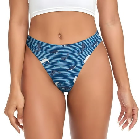 Thongs for Women - Sharks on White Blue Striped No Show Seamless Womens Thongs Underwear  Soft Stretch G String Thongs for Women Cuteness Ladies Thong Bikini Panties Briefs