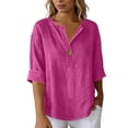 thumbnail image 5 of Amzcrzy Spring Tops for Women Versatile Casual Solid Color Linen Shirts for Women Loose Rolled 3/4 Length Sleeve Womens Tops Fashion V Neck Button Down Ladies Blouses 2XL, 5 of 7