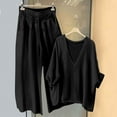 thumbnail image 2 of Dazajoo Womens Travel Sets 2 Piece Outfits Cotton 3/4 Sleeve V Neck Shirts and Elastic Waist Wide Leg Pants with Pockets Fall Linee Lounge Suits,Black,XXL, 2 of 7
