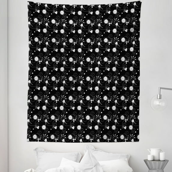 Floral Tapestry, Swirly Flower Bouquets Flourishing Chrysanthemums Beauty of Curly Branches, Fabric Wall Hanging Decor for Bedroom Living Room Dorm, 5 Sizes, Charcoal Grey White, by Ambesonne