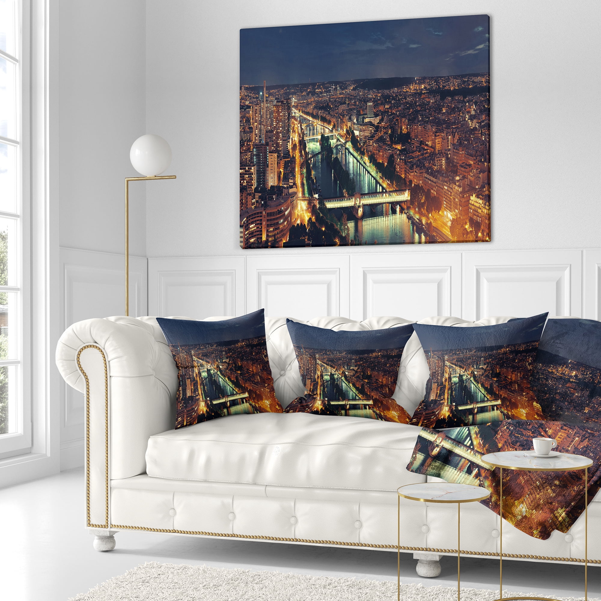 Designart Paris City Night Skyline - Cityscape Photo Throw Pillow - 16x16