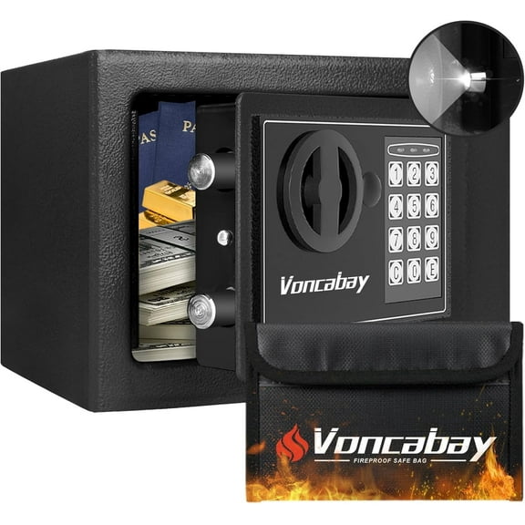Voncabay Money Safe Box & Fireproof Bag - Digital Keypad, Sensor Light, Keypad & Key