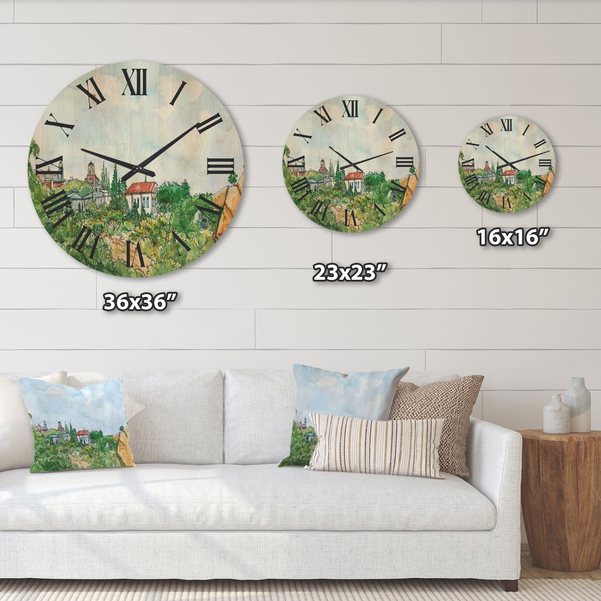 Designart 'White House With Red Roof In The Lush Green Countryside' Traditional Wood Wall Clock