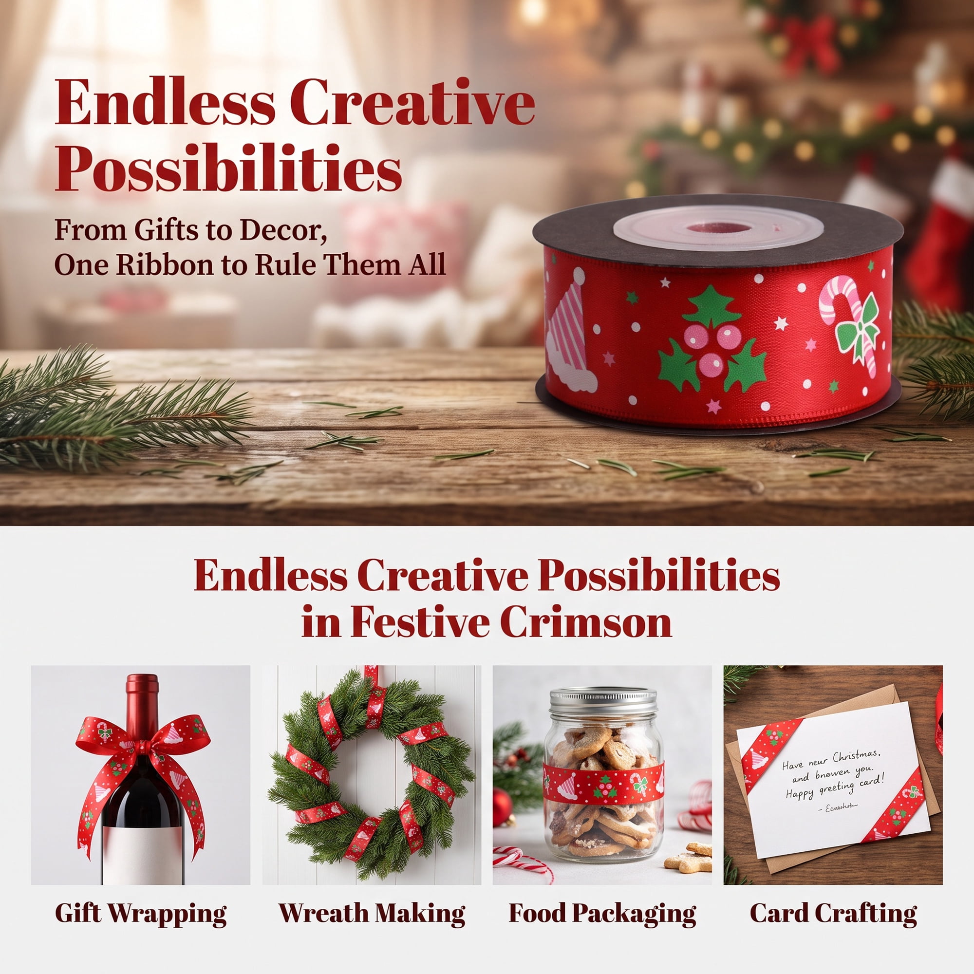 Unique Bargains Premium Fabric Ribbon for Gift Wrapping Red Hat Pattern 5.5 Yard