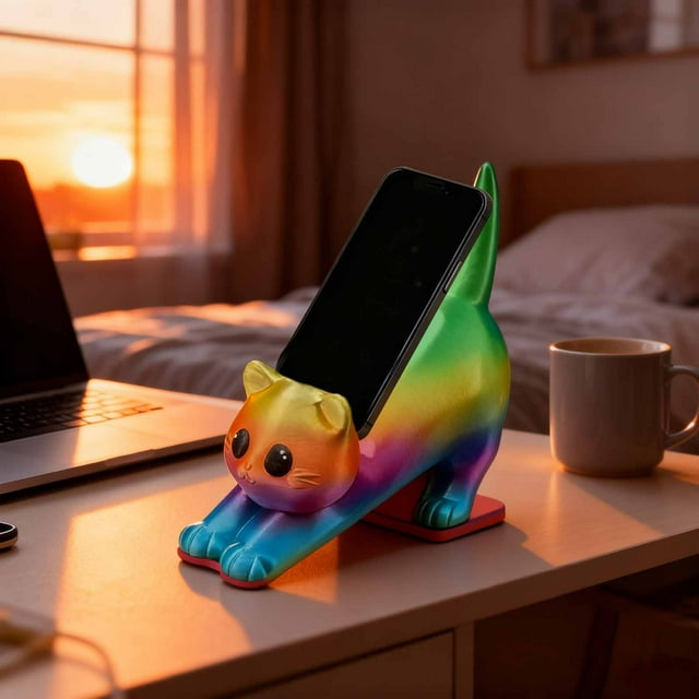 BotaniNest Cute Cat Functional Phone Stand 3D Printed Colorful Cat Figurine Phone Stand Flexible Universal Support For Smartphones & Tablets Adorable Desk
