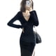 thumbnail image 4 of Laklulu Mini vestido de club con cuello en V y manga ajustada sexy para mujer, negro, XXXL, 4 of 6