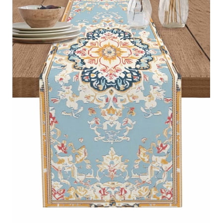 Hokiten Table Runners 108 Inches Long Dress Scarves Blue Brown Boho Farmhouse Coffee/Dining/Kitchen Table Runner for Living Room Vintage Abstract Art Etnic 13x108 Inch