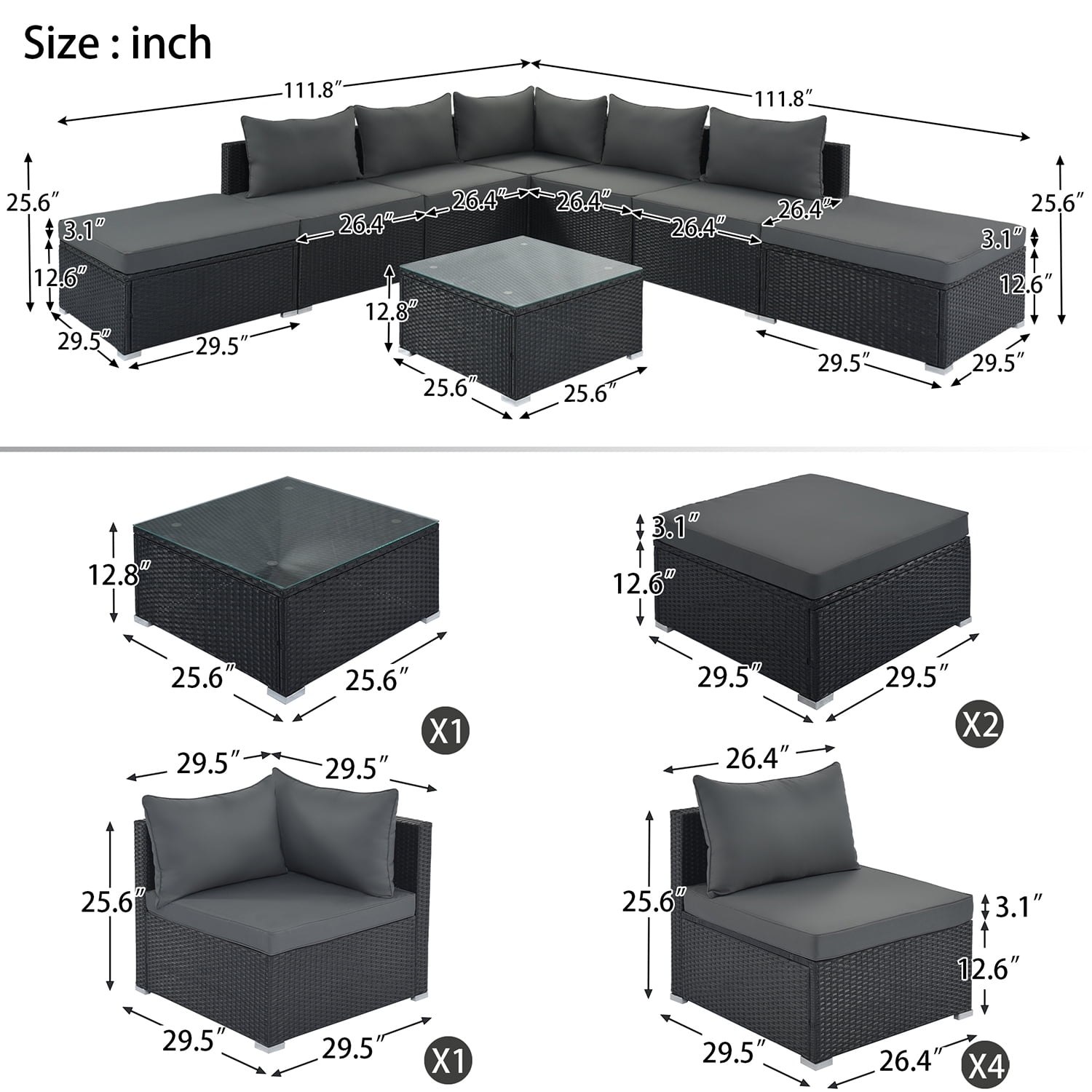 Kadyn 8-Pieces Outdoor Patio Furniture Sets, Garden Conversation Wicker Sofa Set with 1 Table, Single Sofa Combinable for Garden, Gray