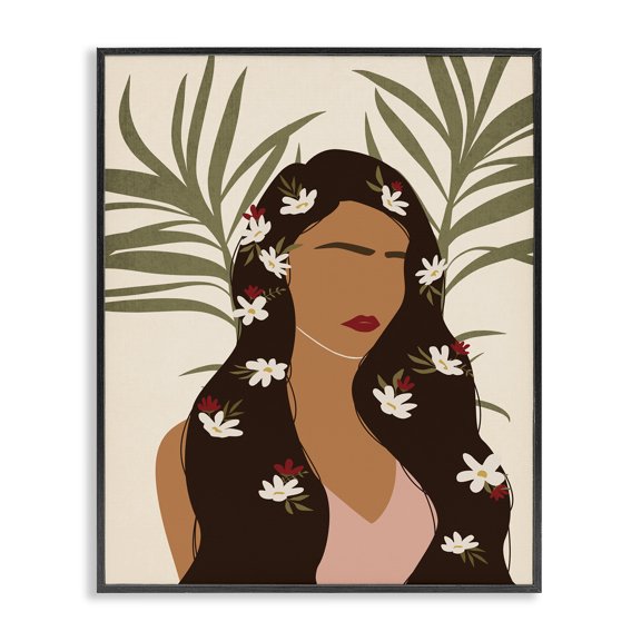 Stupell Industries Contemporary Female With Tropical Florals in Hair Palm Leaves Black Framed Giclee Art, 11 x 14, by JJ Design House LLC
