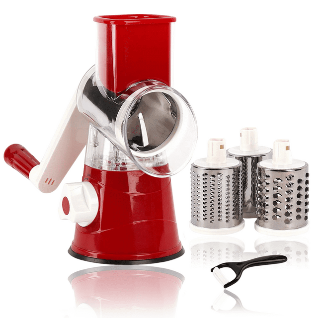 Râpe à Fromage Rotative, Râpes pour Cuisine, Râpe à Fromage Trancheuse de Légumes Efficace avec 3 Types Différents de Lames Interchangeables en Acier Inoxydable +1 Petite Râpe
