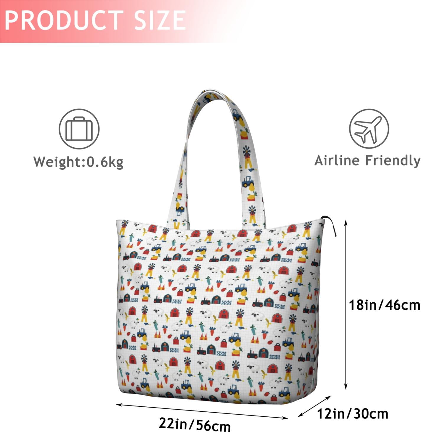 Cartoon Tractors Barns White Pattern Travel Tote Bags for Women Carry On,Large Weekender Bags for Women Travel,Multi Functional Duffle Bag for Work,Shopping,Sports