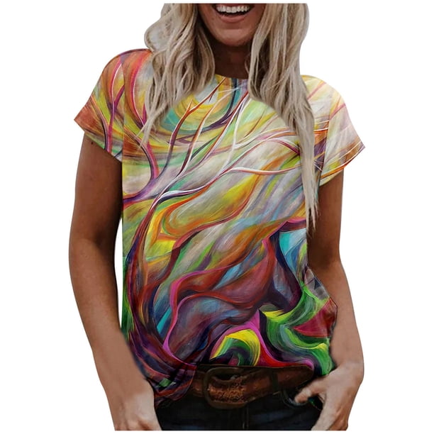 Moda Mujer Causal Rounk Cuello Impresión Blusa Manga Corta Camiseta Verano Tops Fridja bn4284