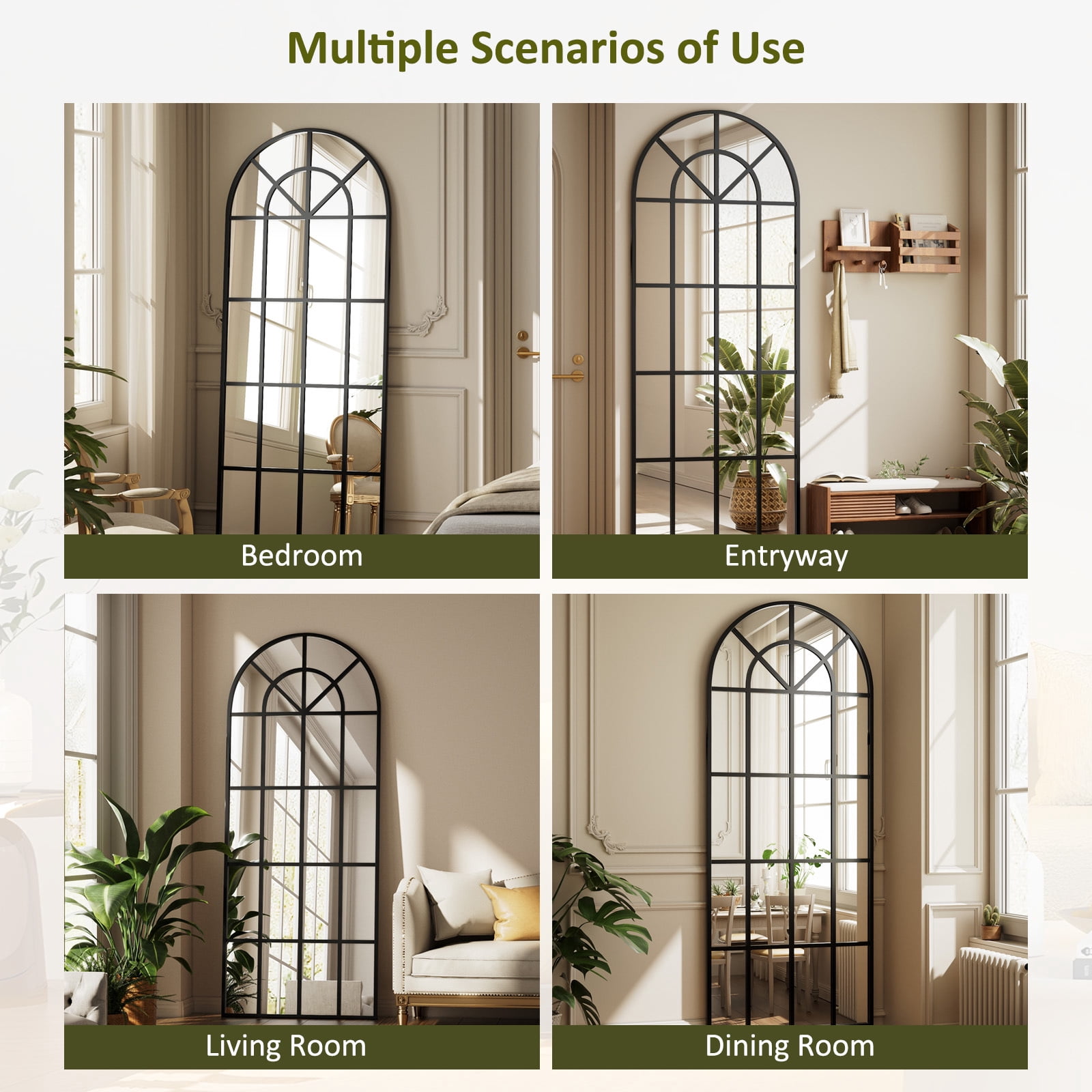 Easy4Home 24"x68" Arched Full Length Windowpane Mirror Decorative Floor Mirror Wall-Mounted, Black