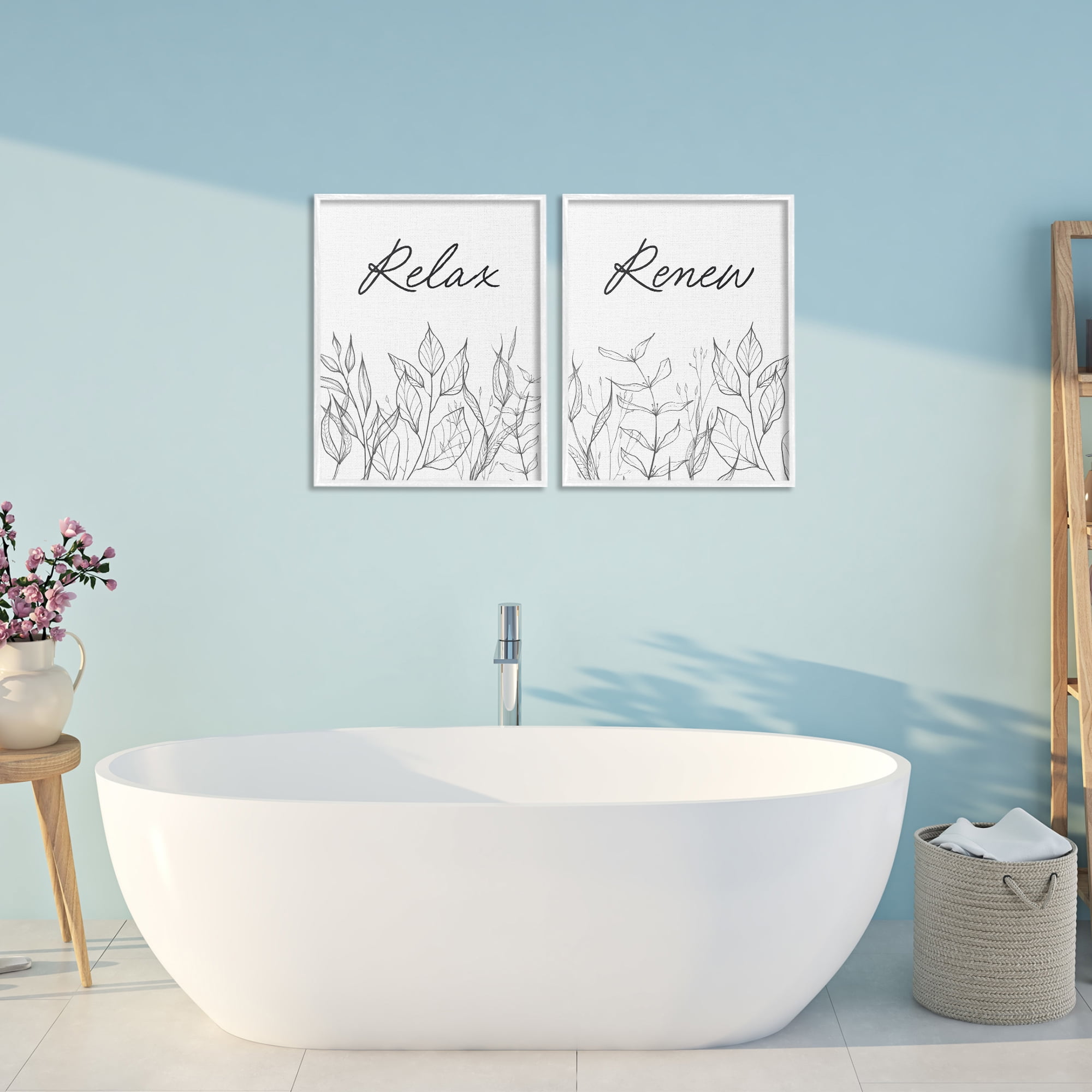 Relax and Renew Leaf Outlines 2 Piece White Framed Giclee Art Set, design by Lettered and Lined