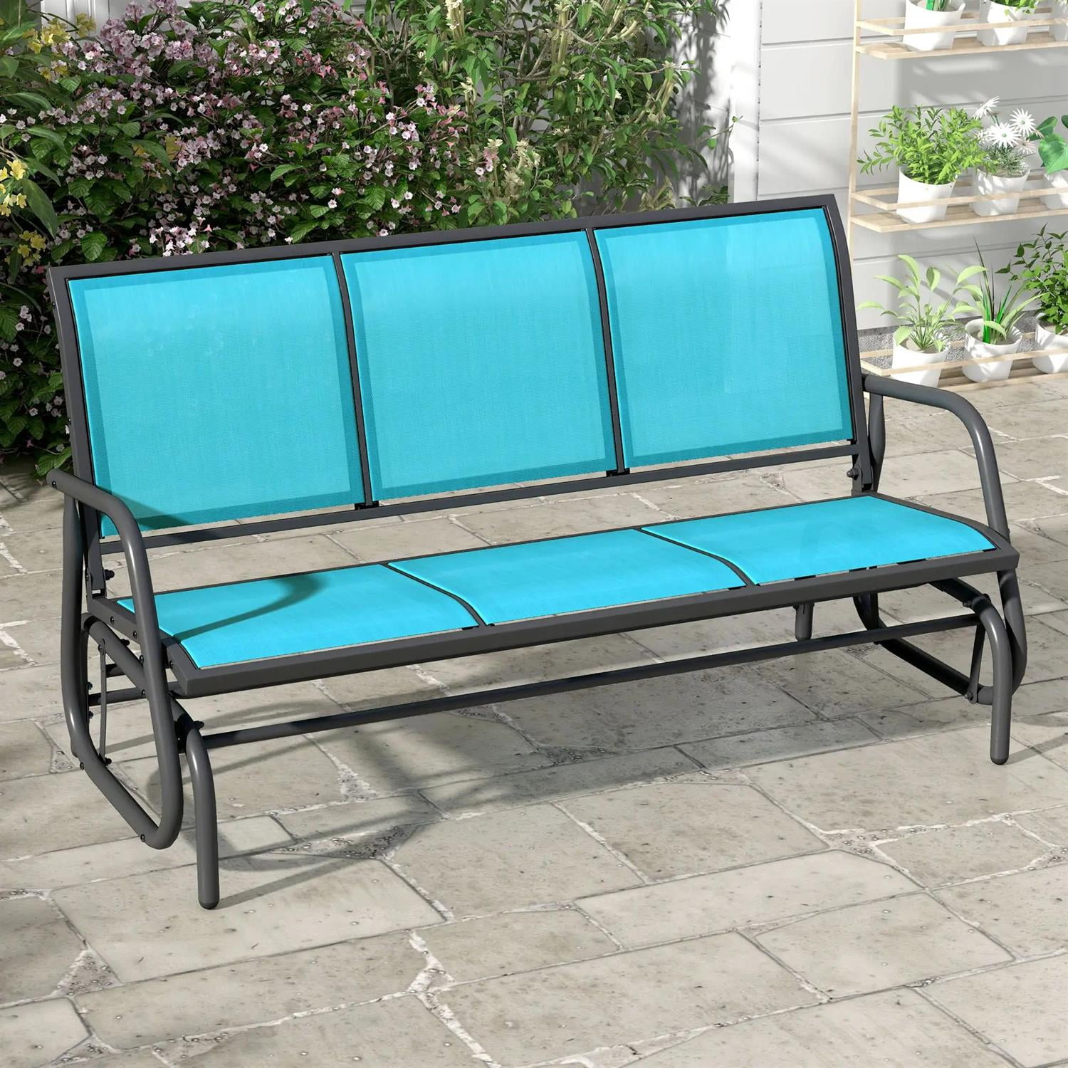 Demi Bonn 3-Person Outdoor Patio Glider Bench, Porch Glider Swing with 3 Seats, Breathable Mesh Fabric, Metal Frame, Outdoor Glider Chairs for Porch, Balcony, Poolside, Blue