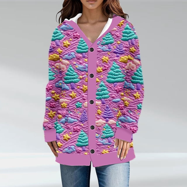 LOVZFMLL Cardigan pour Femmes Décontracté de Noël Imprimé Cardigan Tricoté Veste à Boutons Manteau