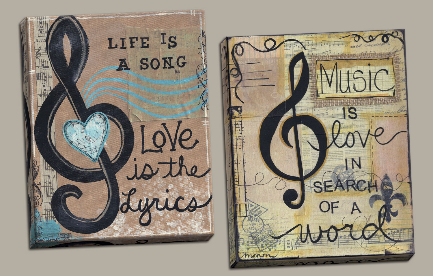 Beautiful Scrapbook-Style "Life Is A Song, Love Is The Lyrics" and "Music Is Love In Search Of A Word" Set; Two 11x14in Hand-Stretched Canvases - image 1 of 1