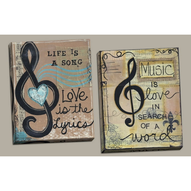 Beautiful Scrapbook-Style "Life Is A Song, Love Is The Lyrics" and "Music Is Love In Search Of A Word" Set; Two 11x14in Hand-Stretched Canvases