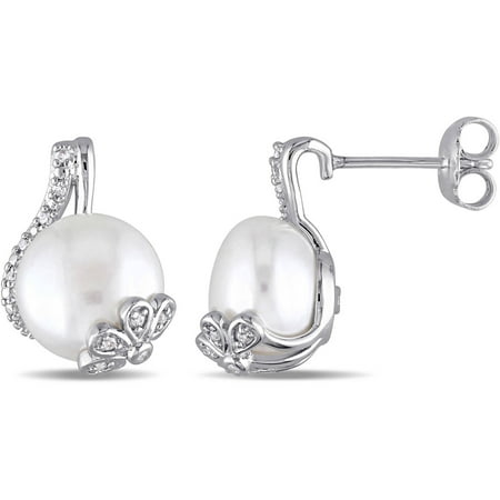 Miabella 10-10.5mm White Button Cultured Freshwater Pearl and Diamond-Accent Sterling Silver Fashion Earrings