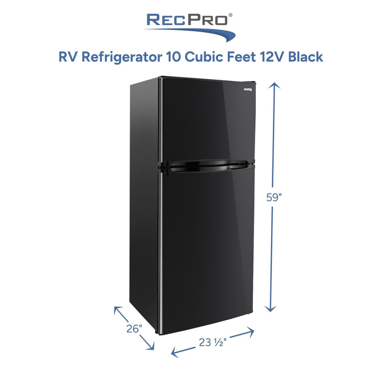 RecPro Everchill 10.7 Cu Ft 12V RV Refrigerator with Freezer | Black Finish | Dual Swing Glass Doors | Independent Temp Controls | Frost Free | Vibration Protection