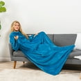 thumbnail image 5 of PAVILIA Teal Blue Fleece Wearable Blanket with Sleeves for Adults Women Men, Soft Warm Full Body Wrap Throw, Sweatshirt Pocket, Cozy Pullover Robe Blanket with Arm, Gifts for Christmas Mom Wife, 5 of 9