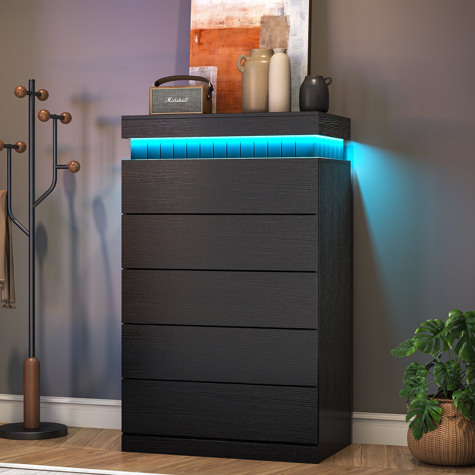 Tall Dresser with LED Light and Power Outlet, Modern 5 Drawers Floating Dressers, Chest of Drawer for Bedroom, Living Room, Hallway, Entryway, Black
