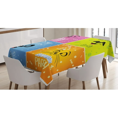 Birthday Decorations for Kids Tablecloth, Cartoon Animals Cat Panda Face Party Items, Rectangular Table Cover for Dining Room Kitchen, 60 X 84 Inches, Pink Orange Blue and Green, by Ambesonne