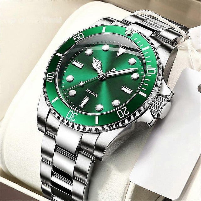 Reloj de pulsera de cuarzo con calendario para hombre, luminoso, resistente al agua, con corona en espiral y color verde.