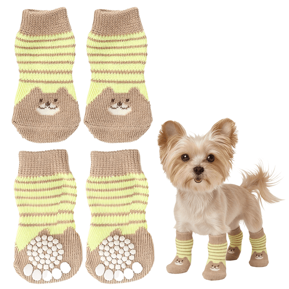 GASTROPOD 4Pcs Socks with Grippers for Samll Dog,Anti-Slip Rubber Sole Dog Socks,Cartoon Bear Pattern High-Stretch Cuff for Easy on & Off Paw Socks for Hardwood Floors,S,Brown