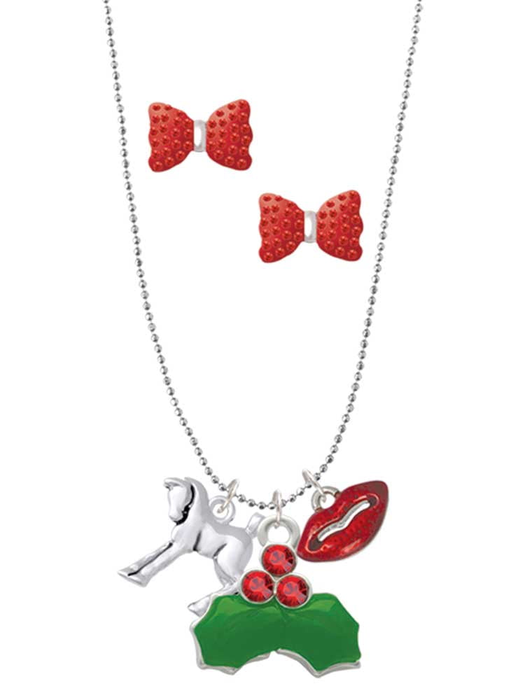 Delight Jewelry Silvertone Equestrian Horse Christmas Kiss Charm Necklace and Stud Earrings