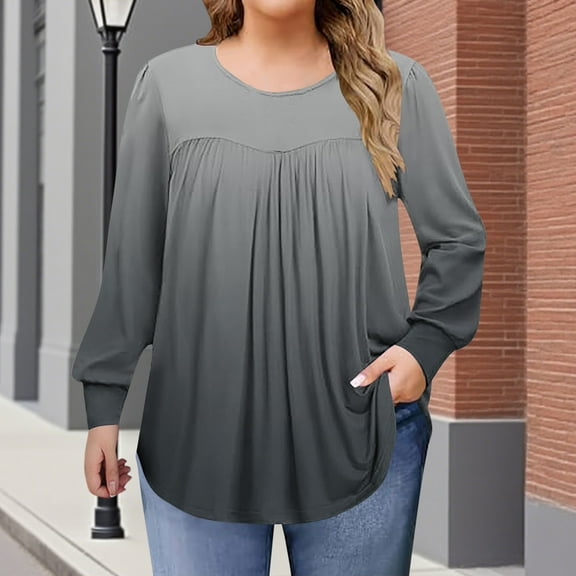 Tops for Women Plus Size Gradient Long Sleeved Round Neck T-shirt Plus Size Casual Blouses Black XL