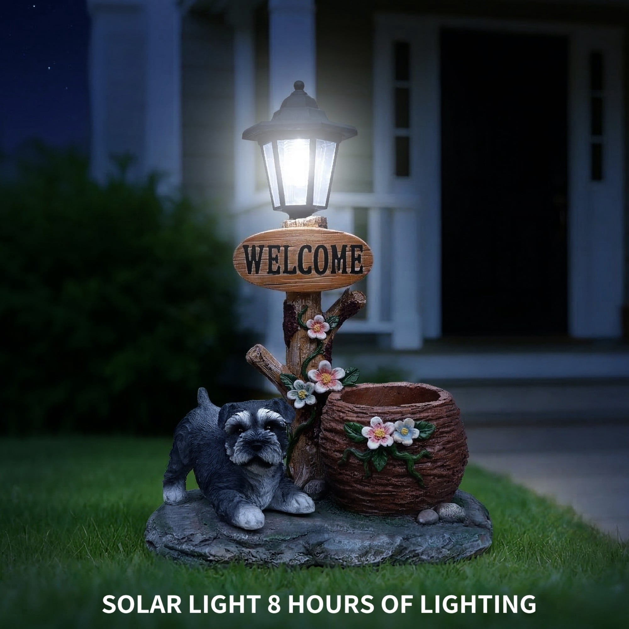Schnauzer Dog Solar Planter Statue with LED Light, Brown Resin Flower Pot Decor, Garden Yard Patio Outdoor