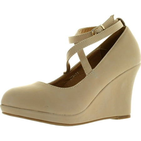 Platform Wedge Shoes Top Moda Eva-11 Womens Round Toe Platform Wedge Crossing Buckled Ankle Strap Suede Shoes ()