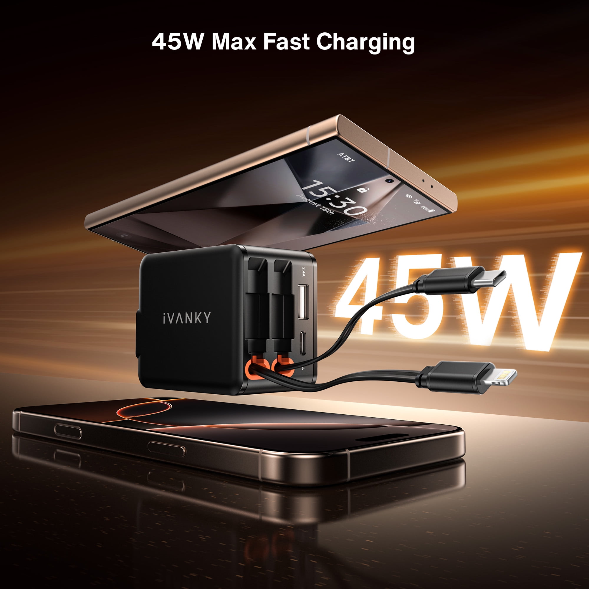 4 in 1 45W Fast Charging Retractable Wall Charger with Dual USB C Cables