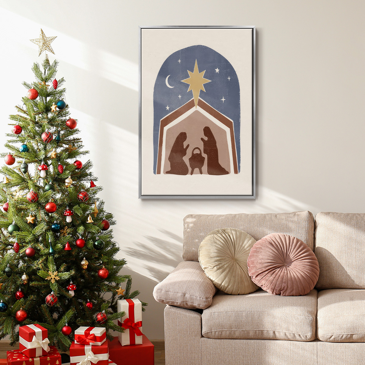 Boho Nativity I - Framed Gallery Wrapped Holiday Canvas - 27 x 41 - Silver Frame