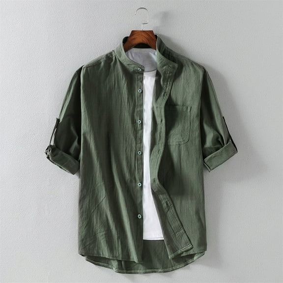 WREESH Men's Fashion Linen Button Down Shirts Casual Short Sleeve Turndown Collar Solid Color Shirts for Men Olive Green